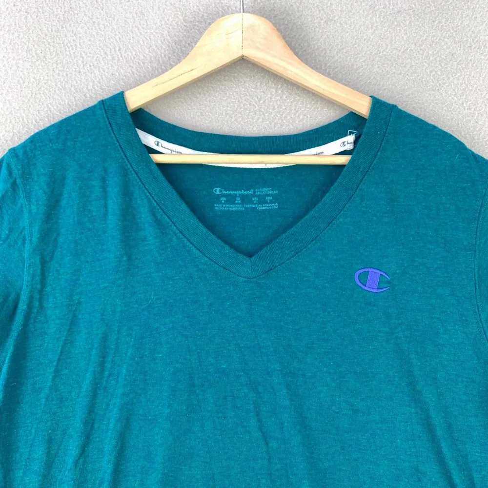 Champion T-Shirt Men Medium Teal Blue Basic V-Neck Short Sleeve Tee Logo - Picture 2 of 8